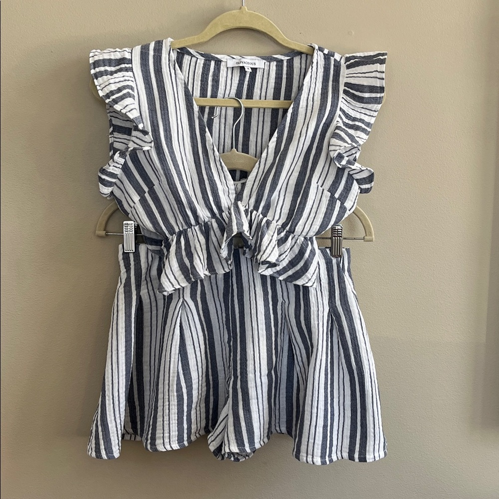 Olivaceous blue and white stripe crop top and shorts size medium
